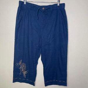 Cappagallo Pants Women's Large Navy Blue Cropped Capri Linen Bland Casual